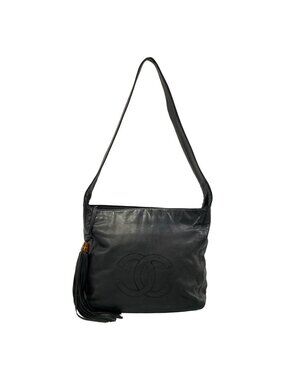 Chanel Shoulder Bag Black Gold CC Logo Fringe Tassel Lambskin